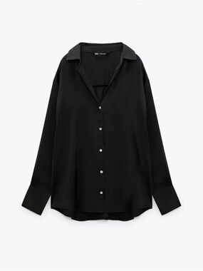 Zara Black Long-Sleeve Oversized Button-Down Blouse